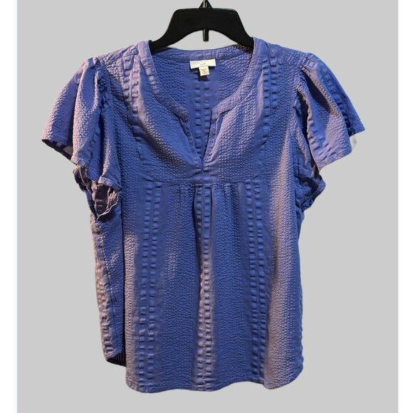 J. Jill Women’s Top Medium Petite Purple Flutter Sleeve Textured 100% Cotton - Picture 1 of 7